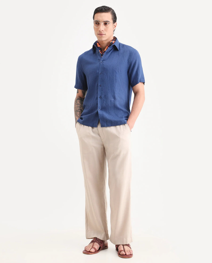 Rare Rabbit Men's Linex Ss Blue Linen Blend Fabric Half Sleeve Spread Collar Regular Plain Shirt