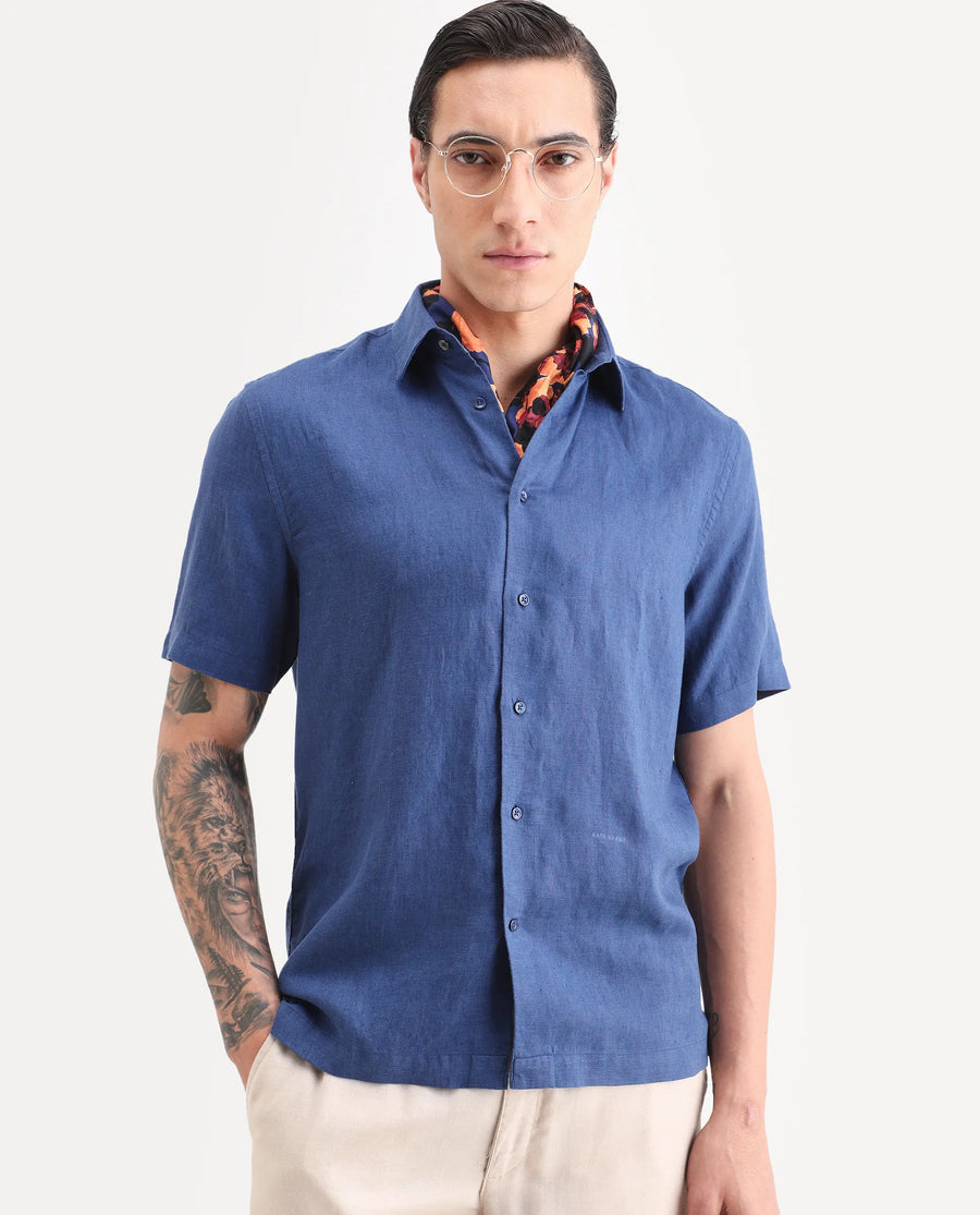 Rare Rabbit Men's Linex Ss Blue Linen Blend Fabric Half Sleeve Spread Collar Regular Plain Shirt