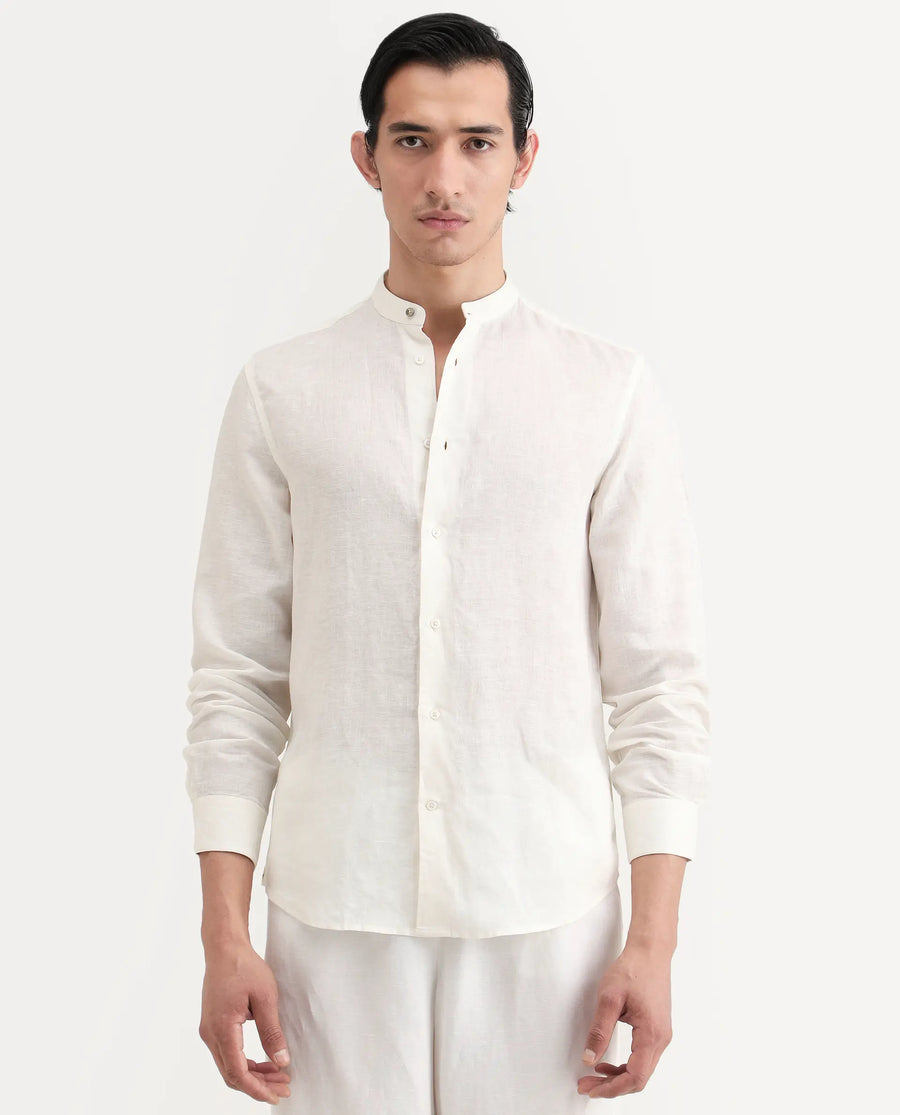 Rare Rabbit Men's Cinex 26 Off White Linen Blend Fabric Full Sleeve Regular Fit Shirt