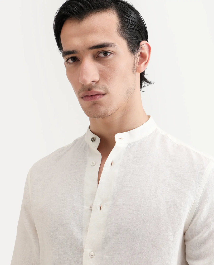 Rare Rabbit Men's Cinex 26 Off White Linen Blend Fabric Full Sleeve Regular Fit Shirt