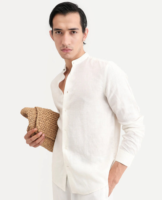 Rare Rabbit Men's Cinex 26 Off White Linen Blend Fabric Full Sleeve Regular Fit Shirt