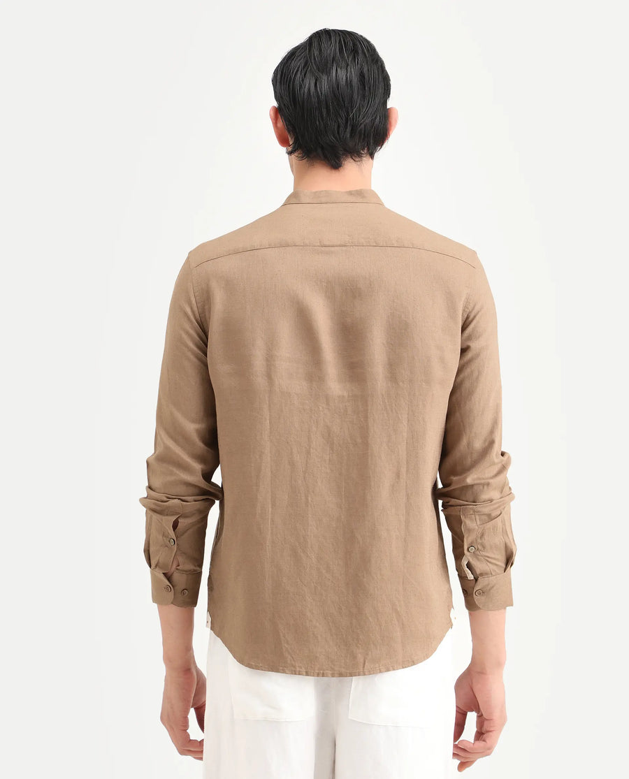 Rare Rabbit Men's Cinex 26 Light Brown Linen Blend Fabric Full Sleeve Regular Fit Plain Shirt