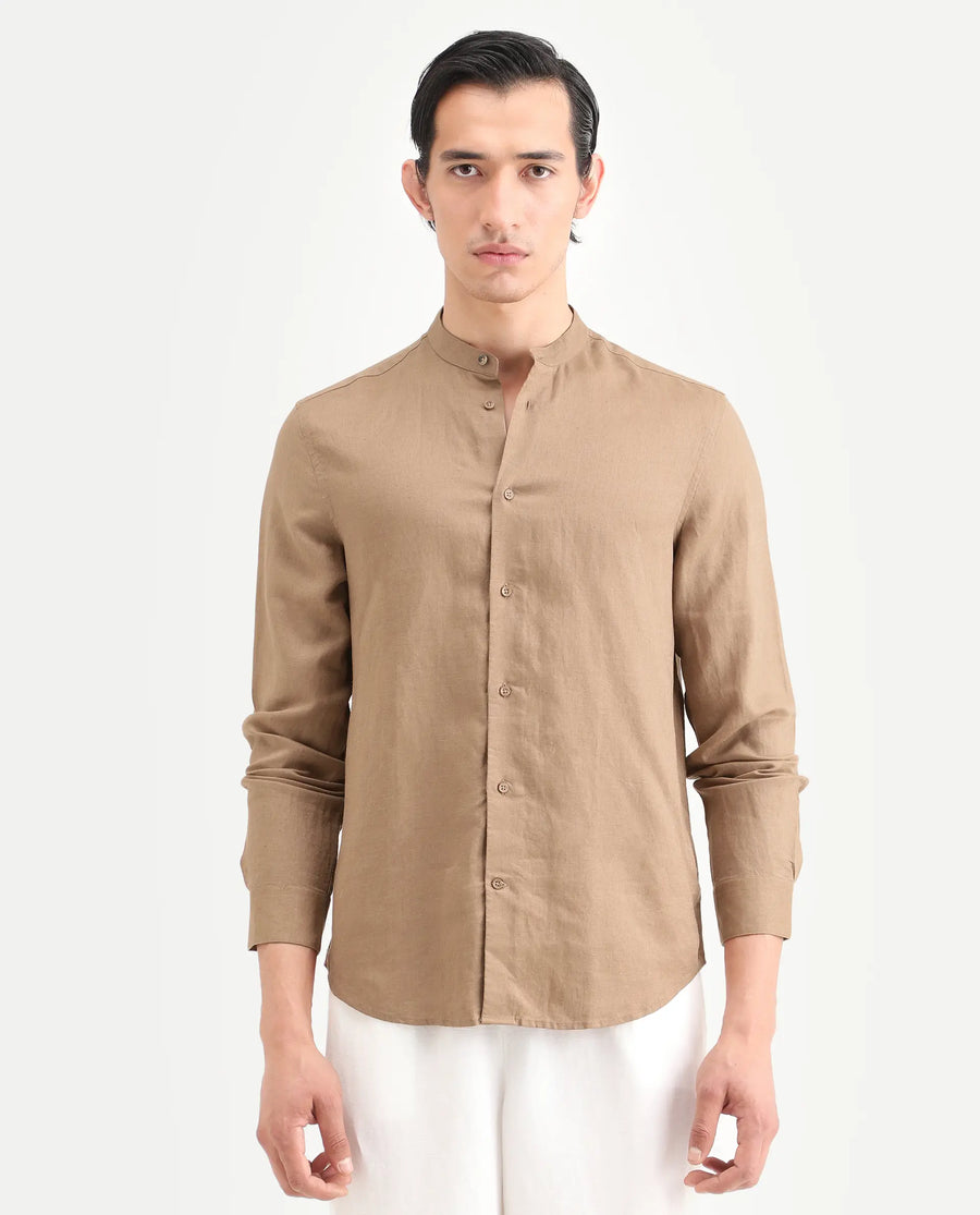 Rare Rabbit Men's Cinex 26 Light Brown Linen Blend Fabric Full Sleeve Regular Fit Plain Shirt