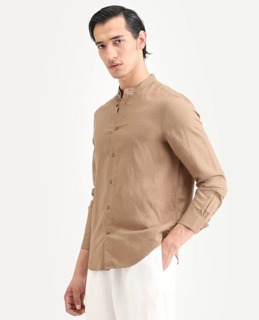 Rare Rabbit Men's Cinex 26 Light Brown Linen Blend Fabric Full Sleeve Regular Fit Plain Shirt
