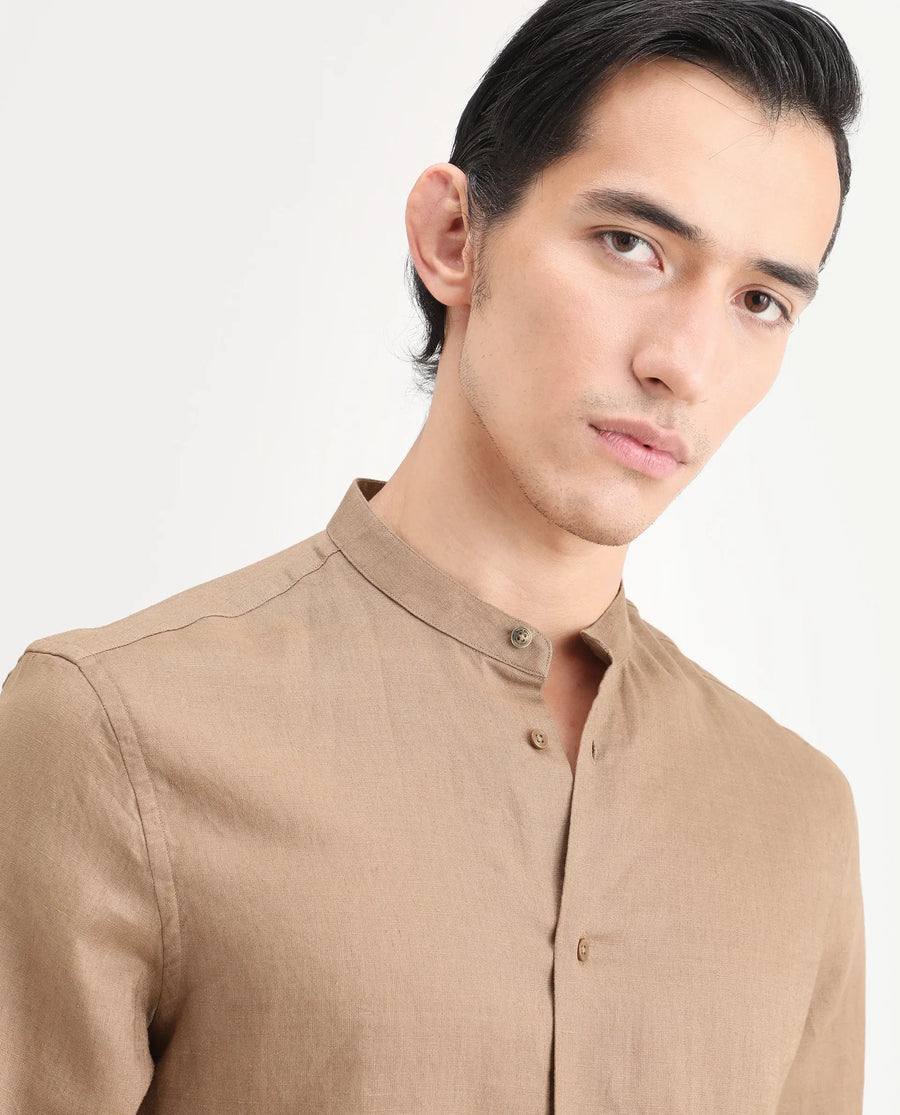 Rare Rabbit Men's Cinex 26 Light Brown Linen Blend Fabric Full Sleeve Regular Fit Plain Shirt