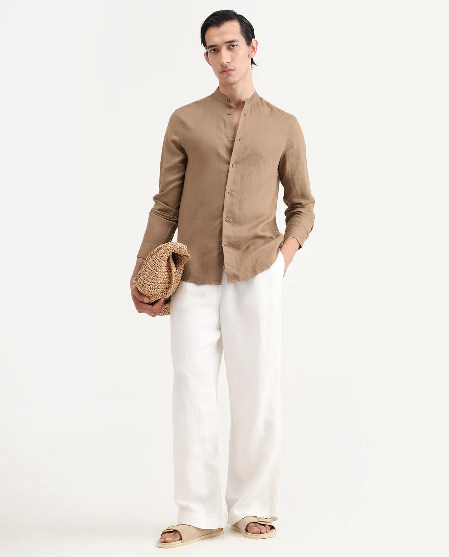 Rare Rabbit Men's Cinex 26 Light Brown Linen Blend Fabric Full Sleeve Regular Fit Plain Shirt