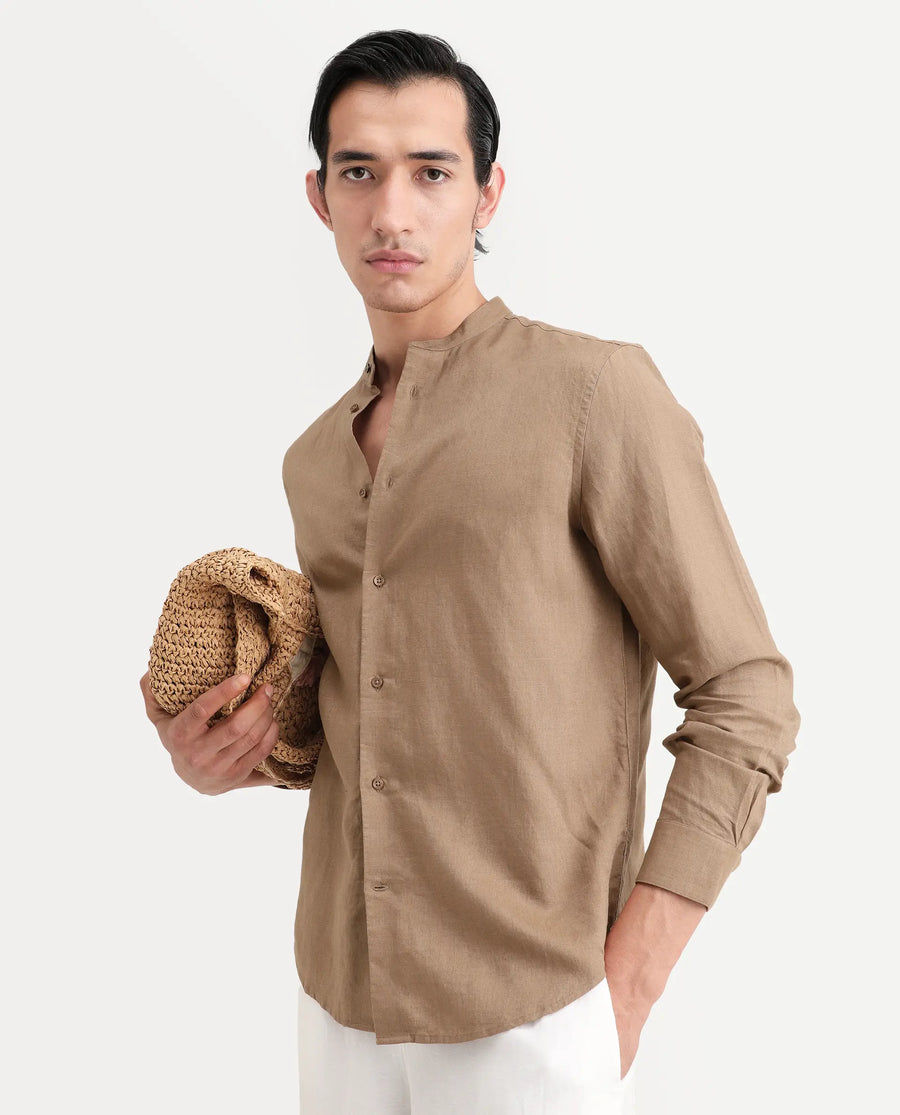 Rare Rabbit Men's Cinex 26 Light Brown Linen Blend Fabric Full Sleeve Regular Fit Plain Shirt