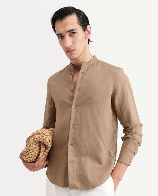 Rare Rabbit Men's Cinex 26 Light Brown Linen Blend Fabric Full Sleeve Regular Fit Plain Shirt