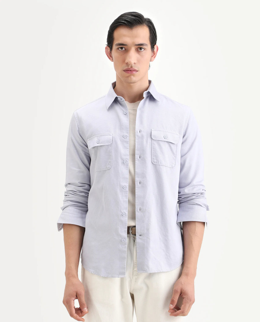 Rare Rabbit Men's Lyton-Ss26 Pastel Blue Cotton Blend Fabric Full Sleeve Spread Collar Regular Fit Plain Shirt