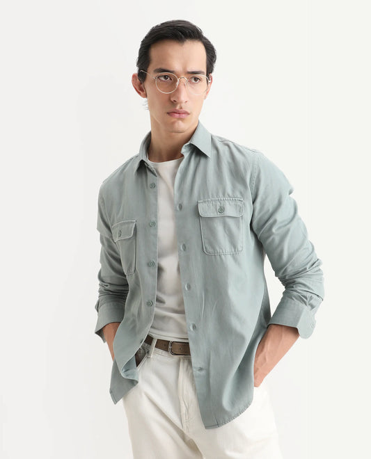 Rare Rabbit Men's Lyton-Ss26 Dusky Green Cotton Blend Fabric Full Sleeve Spread Collar Regular Fit Plain Shirt
