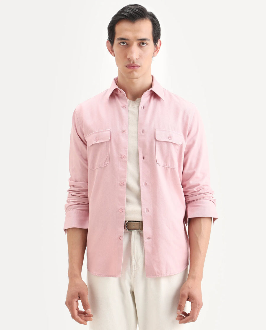 Rare Rabbit Men's Lyton-Ss26 Pastel Pink Cotton Blend Fabric Full Sleeve Spread Collar Regular Fit Plain Shirt