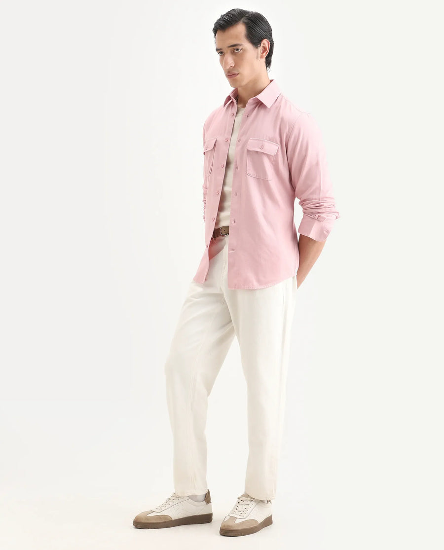 Rare Rabbit Men's Lyton-Ss26 Pastel Pink Cotton Blend Fabric Full Sleeve Spread Collar Regular Fit Plain Shirt