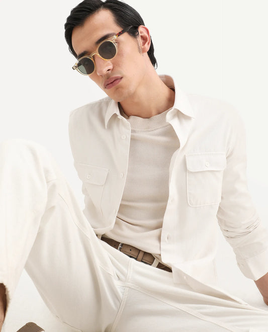 Rare Rabbit Men's Lyton-Ss26 Off White Cotton Blend Fabric Full Sleeve Spread Collar Regular Fit Plain Shirt