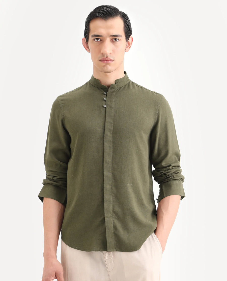 Rare Rabbit Men's Throne-26 Dark Olive Linen Blend Fabric Full Sleeve Mandarin Collar Regular Fit Plain Shirt