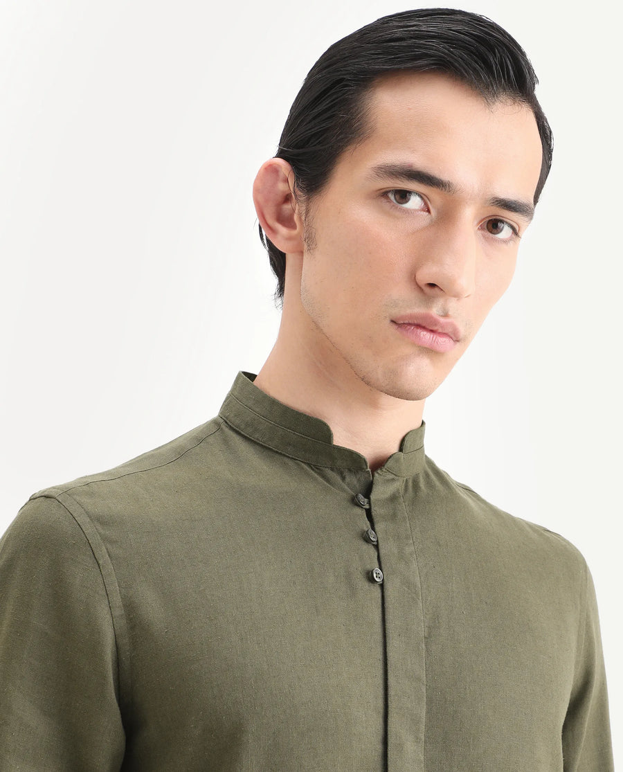 Rare Rabbit Men's Throne-26 Dark Olive Linen Blend Fabric Full Sleeve Mandarin Collar Regular Fit Plain Shirt