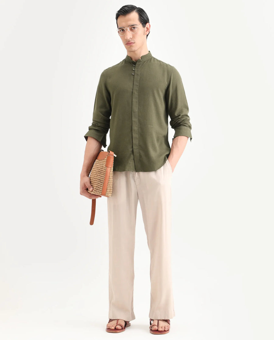 Rare Rabbit Men's Throne-26 Dark Olive Linen Blend Fabric Full Sleeve Mandarin Collar Regular Fit Plain Shirt