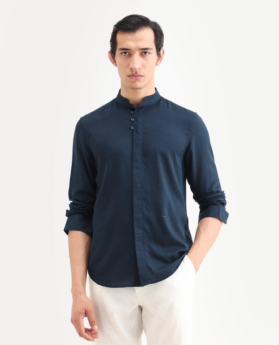 Rare Rabbit Men's Throne-26 Dark Navy Linen Blend Fabric Full Sleeve Mandarin Collar Regular Fit Plain Shirt