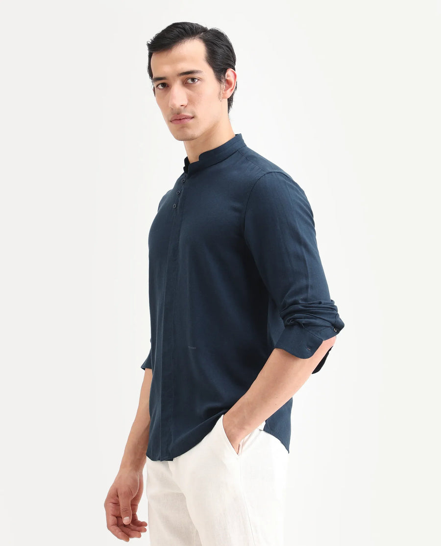 Rare Rabbit Men's Throne-26 Dark Navy Linen Blend Fabric Full Sleeve Mandarin Collar Regular Fit Plain Shirt
