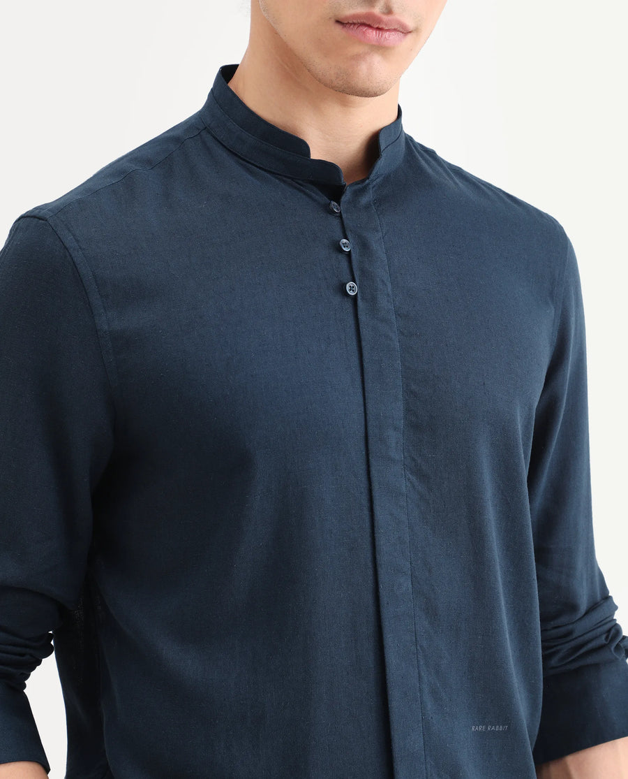 Rare Rabbit Men's Throne-26 Dark Navy Linen Blend Fabric Full Sleeve Mandarin Collar Regular Fit Plain Shirt