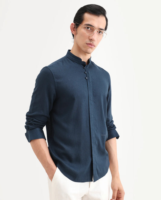 Rare Rabbit Men's Throne-26 Dark Navy Linen Blend Fabric Full Sleeve Mandarin Collar Regular Fit Plain Shirt