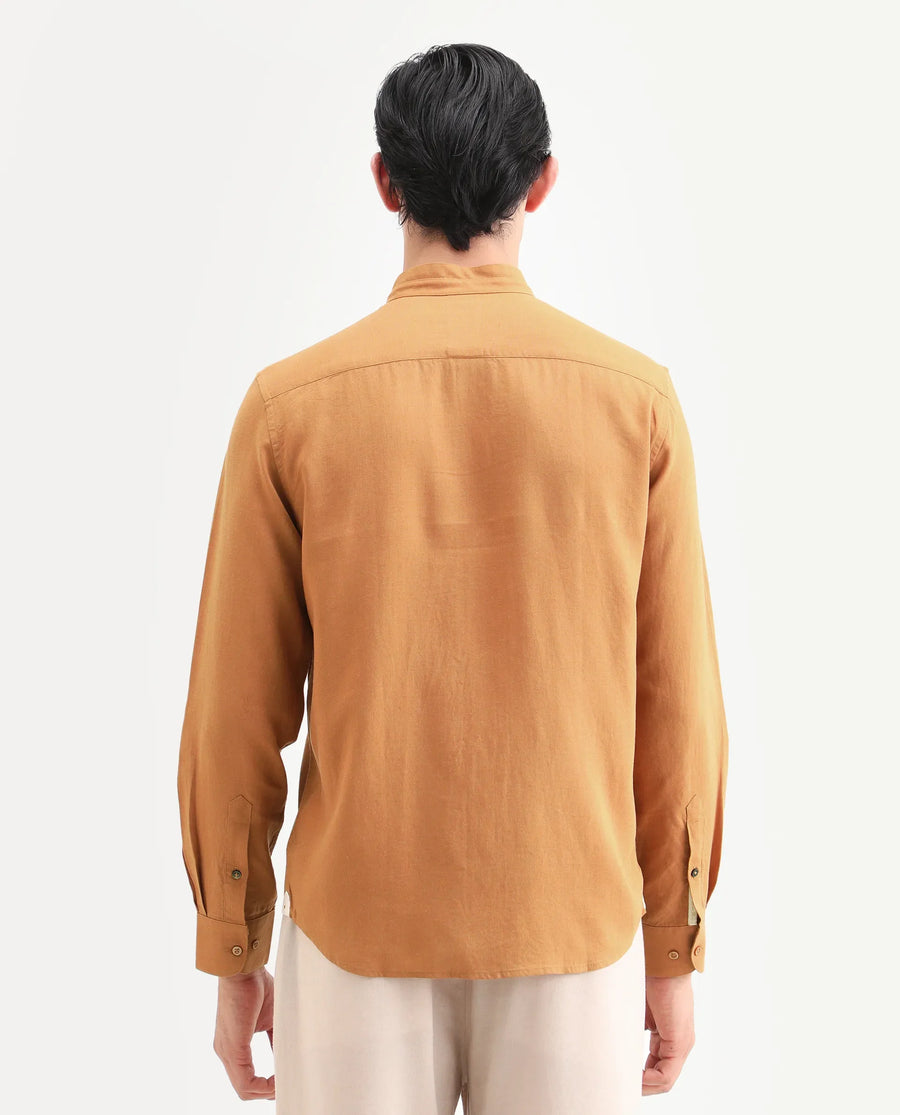 Rare Rabbit Men's Throne-26 Mustard Linen Blend Fabric Full Sleeve Mandarin Collar Regular Fit Plain Shirt