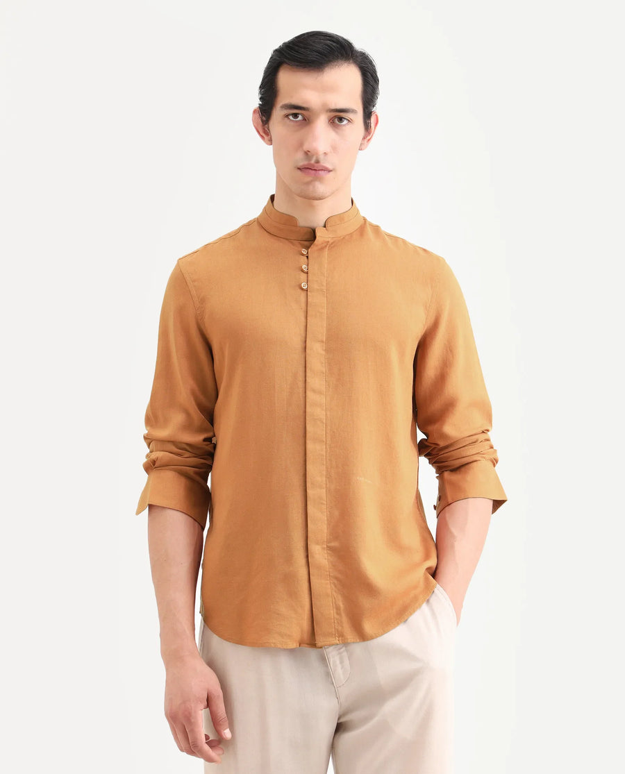 Rare Rabbit Men's Throne-26 Mustard Linen Blend Fabric Full Sleeve Mandarin Collar Regular Fit Plain Shirt