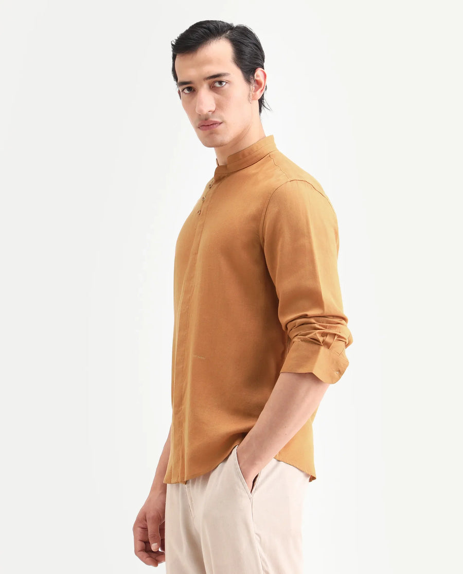 Rare Rabbit Men's Throne-26 Mustard Linen Blend Fabric Full Sleeve Mandarin Collar Regular Fit Plain Shirt