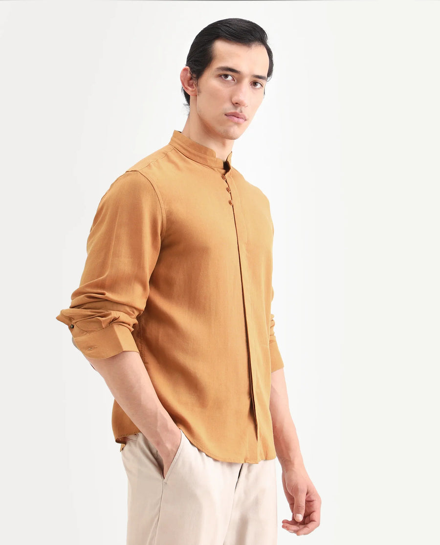 Rare Rabbit Men's Throne-26 Mustard Linen Blend Fabric Full Sleeve Mandarin Collar Regular Fit Plain Shirt