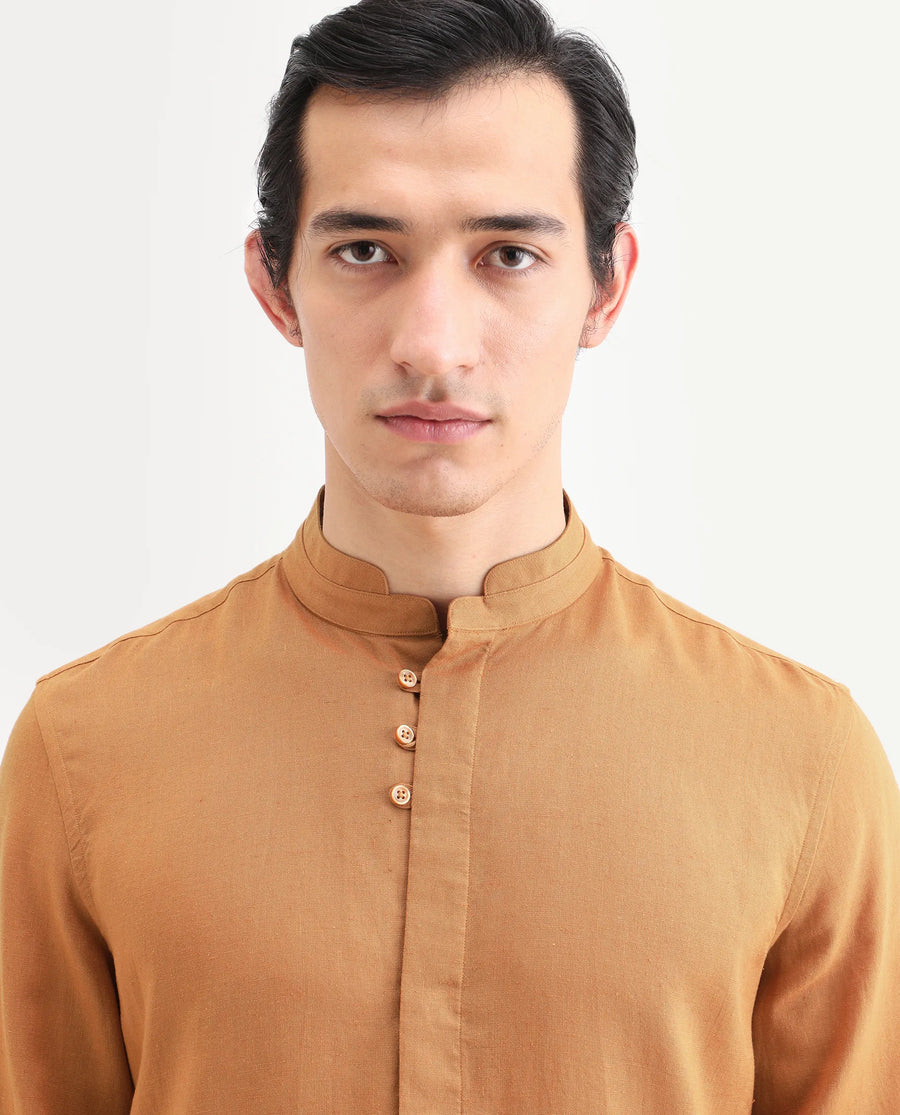 Rare Rabbit Men's Throne-26 Mustard Linen Blend Fabric Full Sleeve Mandarin Collar Regular Fit Plain Shirt