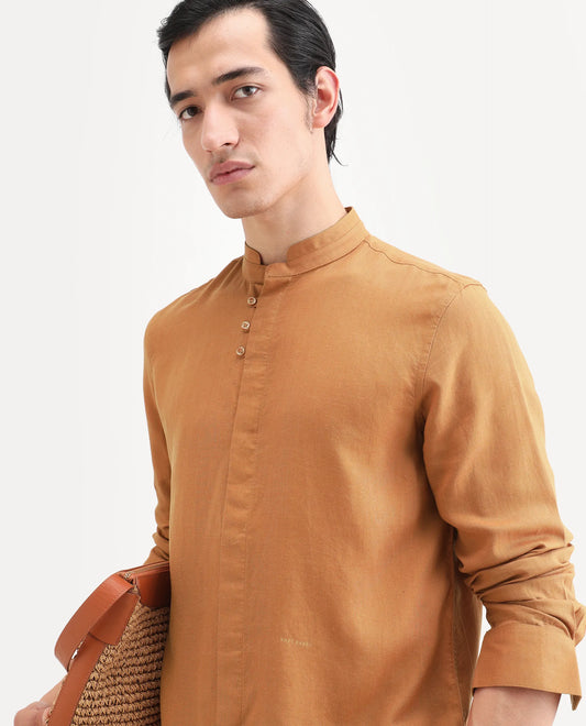 Rare Rabbit Men's Throne-26 Mustard Linen Blend Fabric Full Sleeve Mandarin Collar Regular Fit Plain Shirt