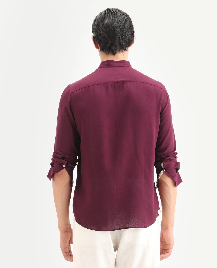 Rare Rabbit Men's Throne-26 Dark Maroon Linen Blend Fabric Full Sleeve Mandarin Collar Regular Fit Plain Shirt
