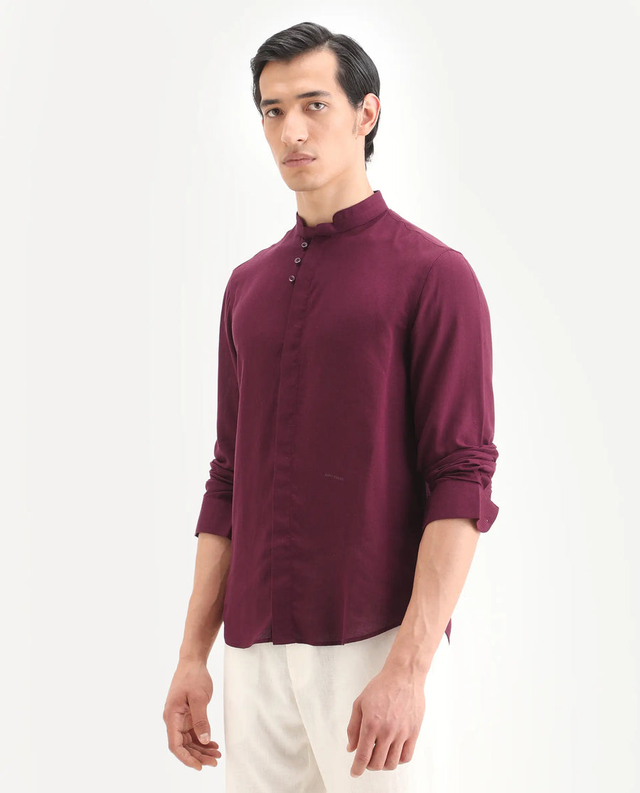 Rare Rabbit Men's Throne-26 Dark Maroon Linen Blend Fabric Full Sleeve Mandarin Collar Regular Fit Plain Shirt