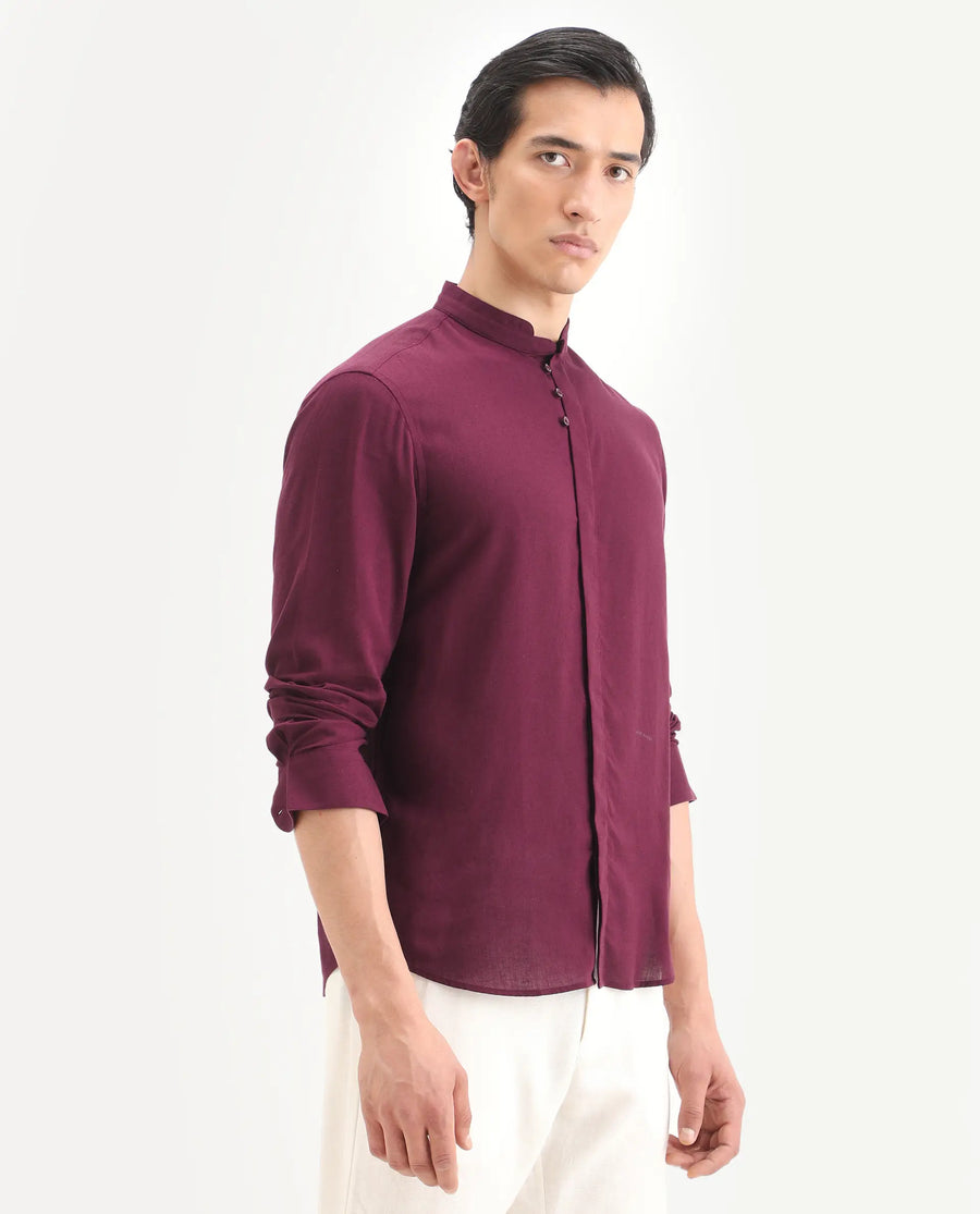 Rare Rabbit Men's Throne-26 Dark Maroon Linen Blend Fabric Full Sleeve Mandarin Collar Regular Fit Plain Shirt