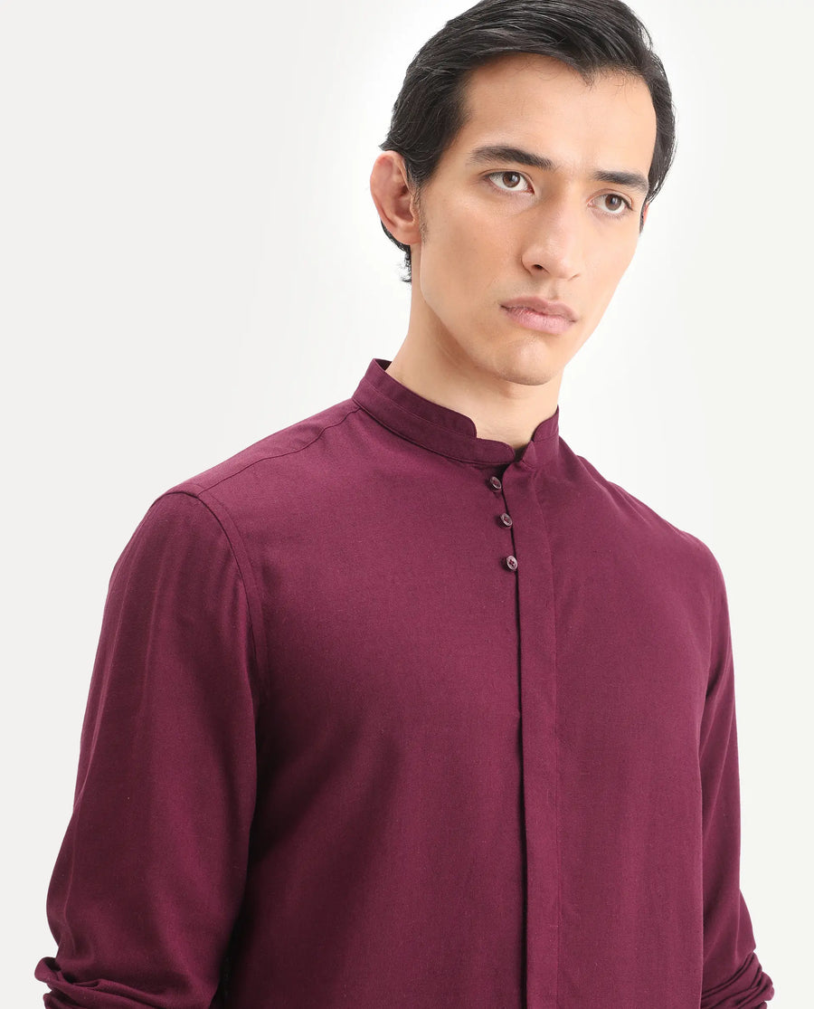 Rare Rabbit Men's Throne-26 Dark Maroon Linen Blend Fabric Full Sleeve Mandarin Collar Regular Fit Plain Shirt