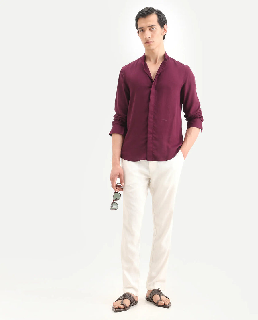 Rare Rabbit Men's Throne-26 Dark Maroon Linen Blend Fabric Full Sleeve Mandarin Collar Regular Fit Plain Shirt