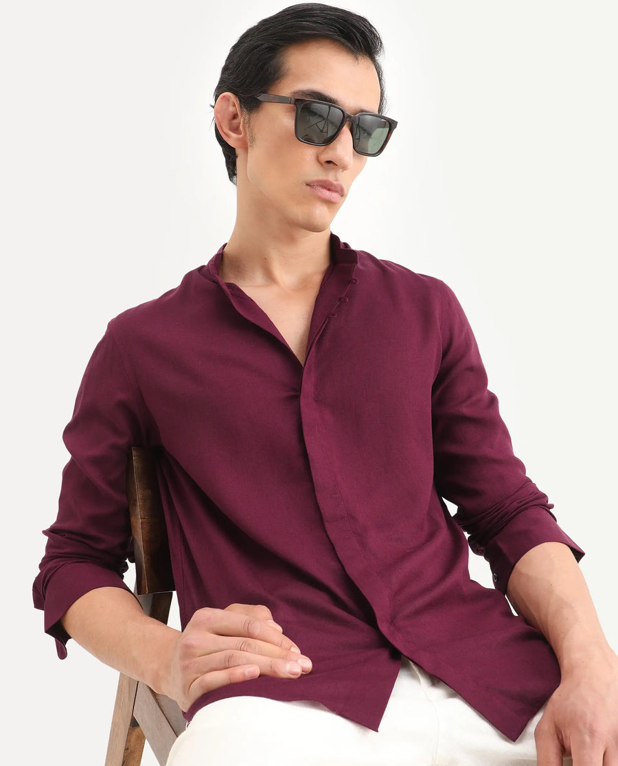 Rare Rabbit Men's Throne-26 Dark Maroon Linen Blend Fabric Full Sleeve Mandarin Collar Regular Fit Plain Shirt