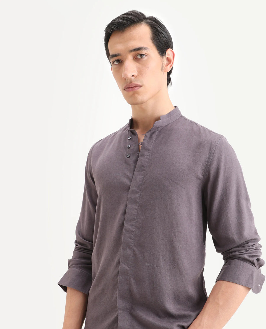 Rare Rabbit Men's Throne-26 Dusky Purple Linen Blend Fabric Full Sleeve Mandarin Collar Regular Fit Plain Shirt