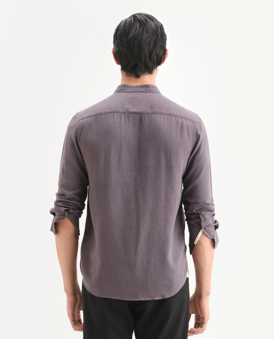 Rare Rabbit Men's Throne-26 Dusky Purple Linen Blend Fabric Full Sleeve Mandarin Collar Regular Fit Plain Shirt