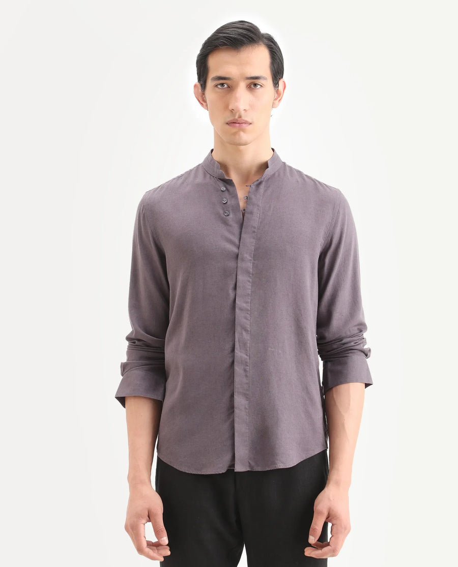 Rare Rabbit Men's Throne-26 Dusky Purple Linen Blend Fabric Full Sleeve Mandarin Collar Regular Fit Plain Shirt