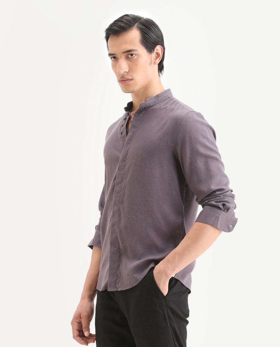 Rare Rabbit Men's Throne-26 Dusky Purple Linen Blend Fabric Full Sleeve Mandarin Collar Regular Fit Plain Shirt