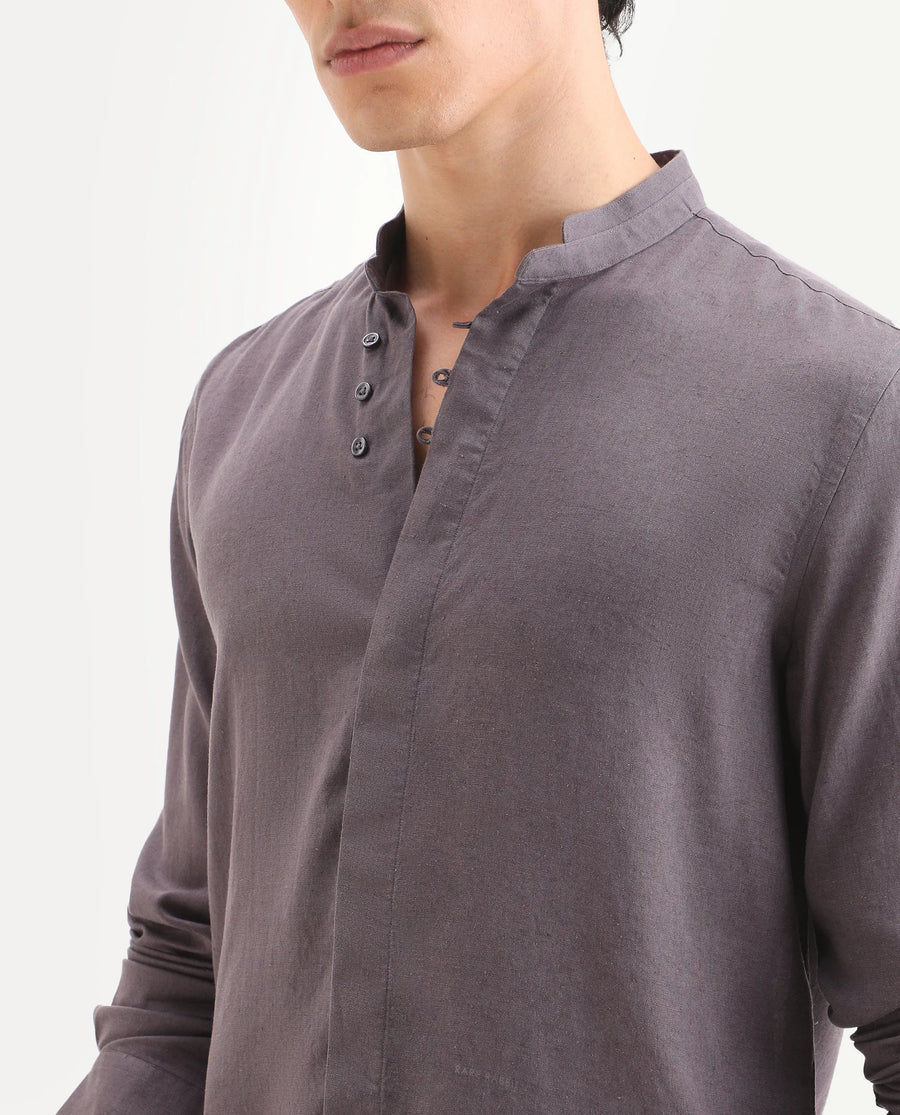 Rare Rabbit Men's Throne-26 Dusky Purple Linen Blend Fabric Full Sleeve Mandarin Collar Regular Fit Plain Shirt