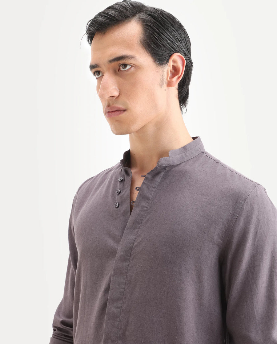 Rare Rabbit Men's Throne-26 Dusky Purple Linen Blend Fabric Full Sleeve Mandarin Collar Regular Fit Plain Shirt