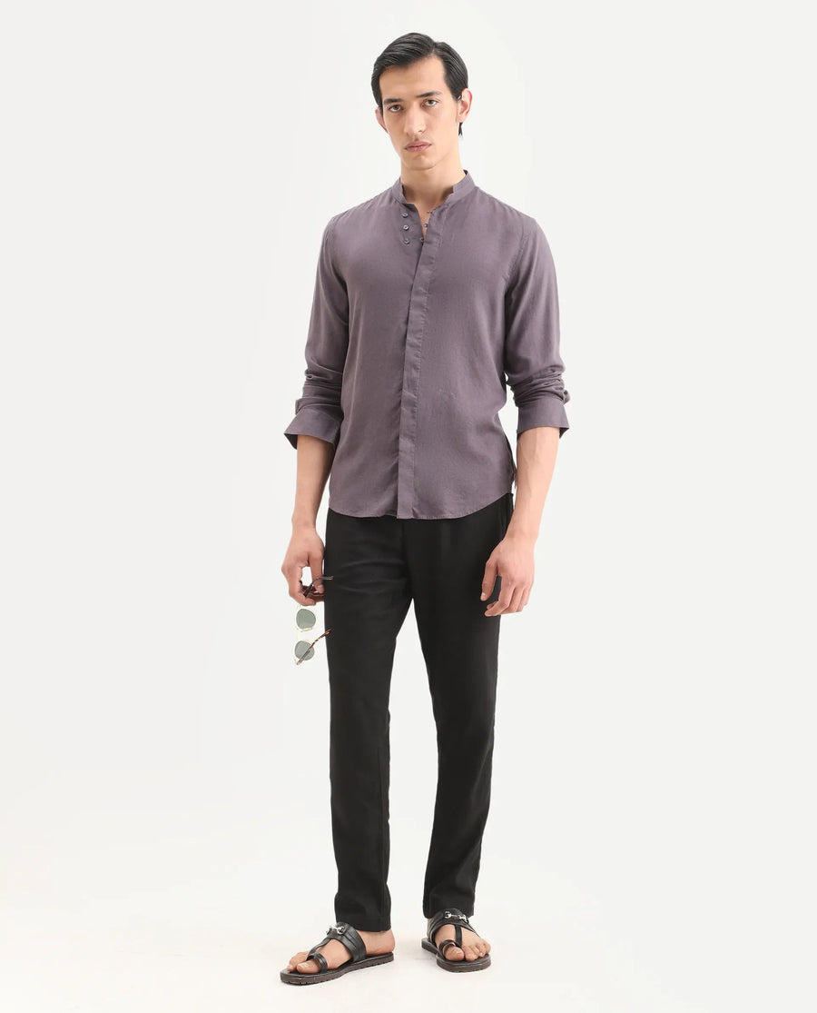 Rare Rabbit Men's Throne-26 Dusky Purple Linen Blend Fabric Full Sleeve Mandarin Collar Regular Fit Plain Shirt
