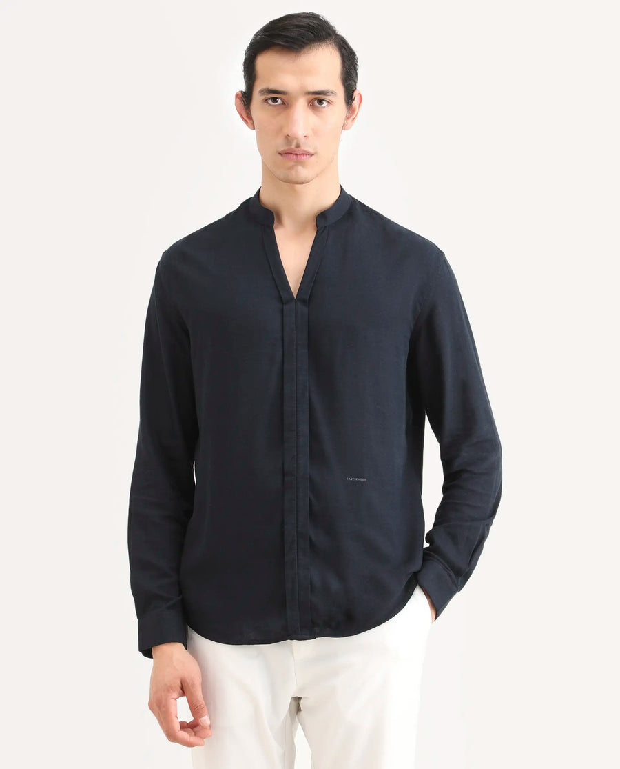 Rare Rabbit Men's Kurto-26 Navy Linen Blend Fabric Full Sleeve Mandarin Collar Regular Fit Plain Shirt