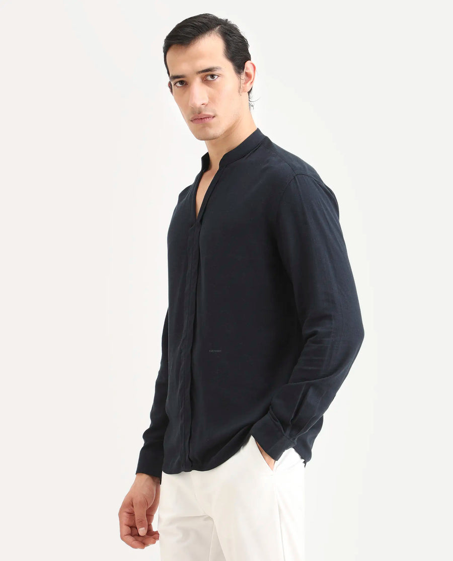 Rare Rabbit Men's Kurto-26 Navy Linen Blend Fabric Full Sleeve Mandarin Collar Regular Fit Plain Shirt