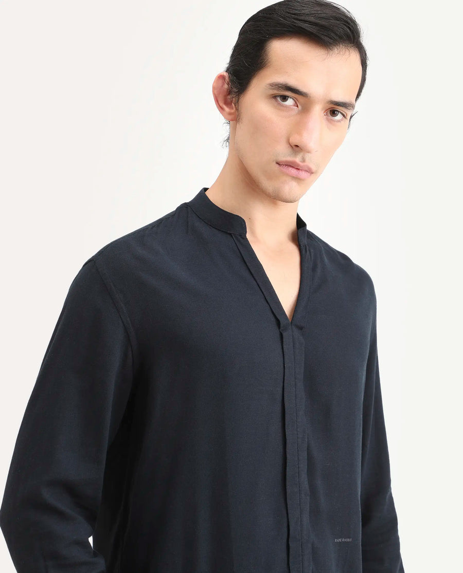 Rare Rabbit Men's Kurto-26 Navy Linen Blend Fabric Full Sleeve Mandarin Collar Regular Fit Plain Shirt