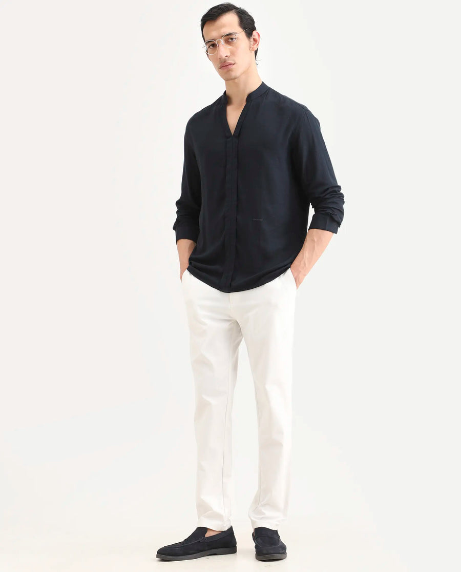 Rare Rabbit Men's Kurto-26 Navy Linen Blend Fabric Full Sleeve Mandarin Collar Regular Fit Plain Shirt
