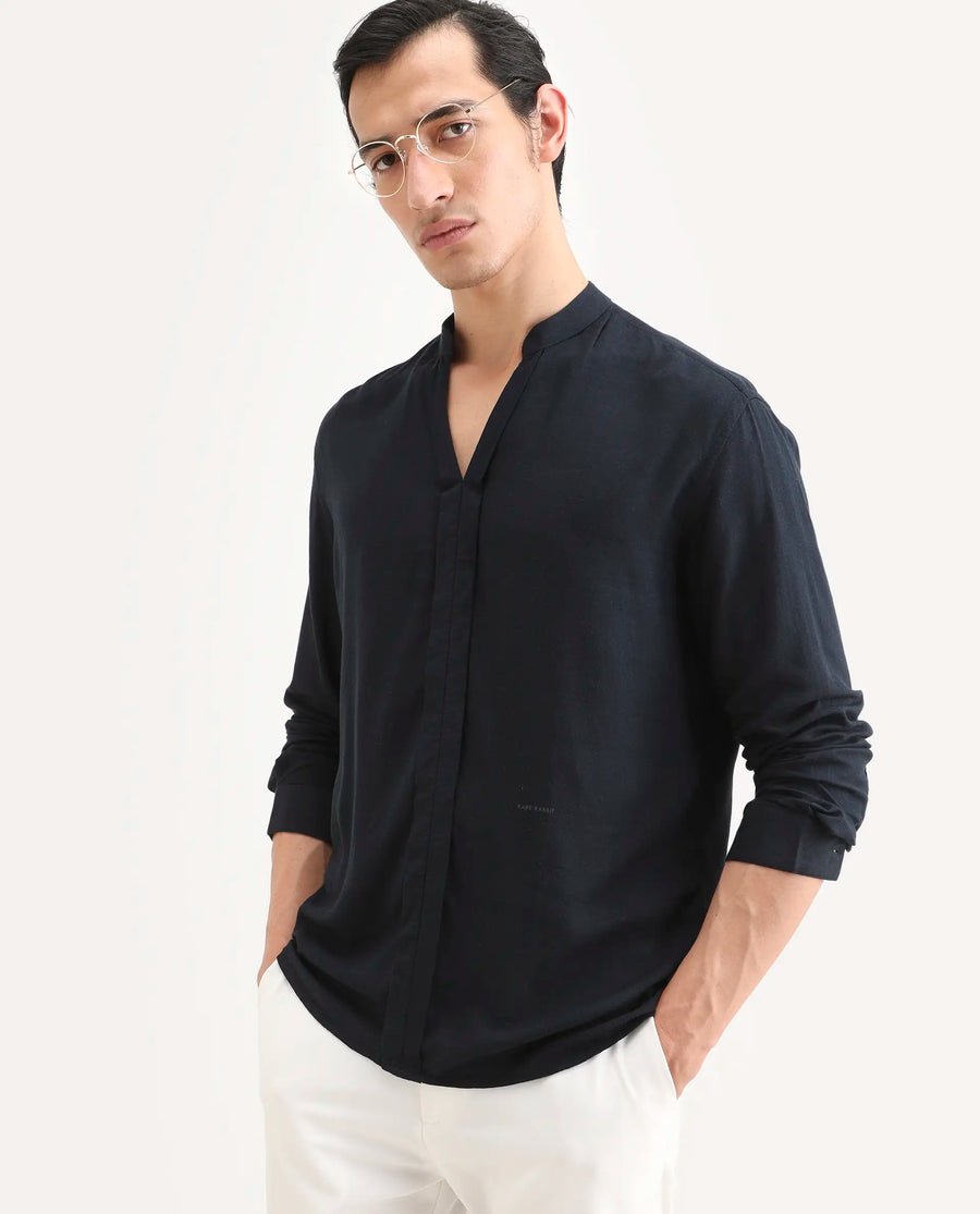 Rare Rabbit Men's Kurto-26 Navy Linen Blend Fabric Full Sleeve Mandarin Collar Regular Fit Plain Shirt
