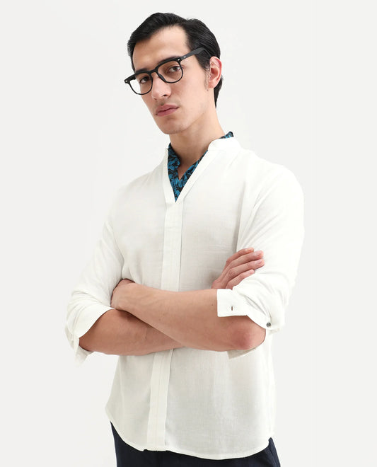 Rare Rabbit Men's Kurto-26 White Linen Blend Fabric Full Sleeve Mandarin Collar Regular Fit Plain Shirt