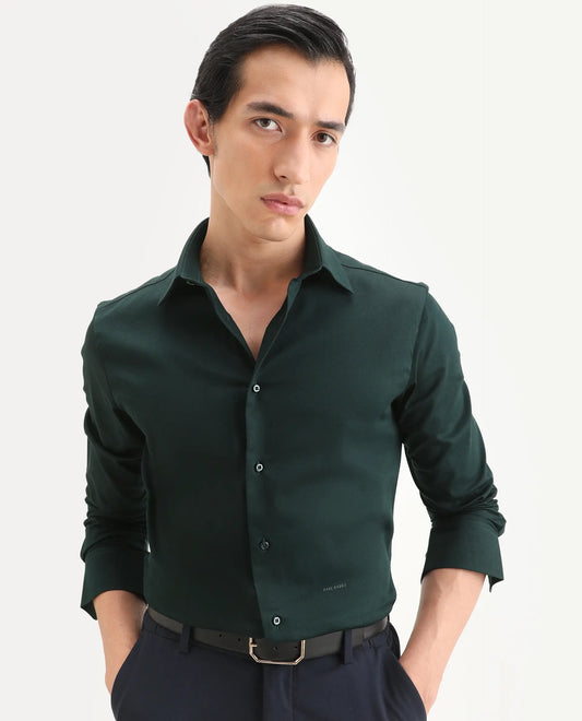 Rare Rabbit Men's Holla-Ss26 Dark Green Cotton Blend Fabric Full Sleeve Spread Collar Regular Fit Plain Shirt
